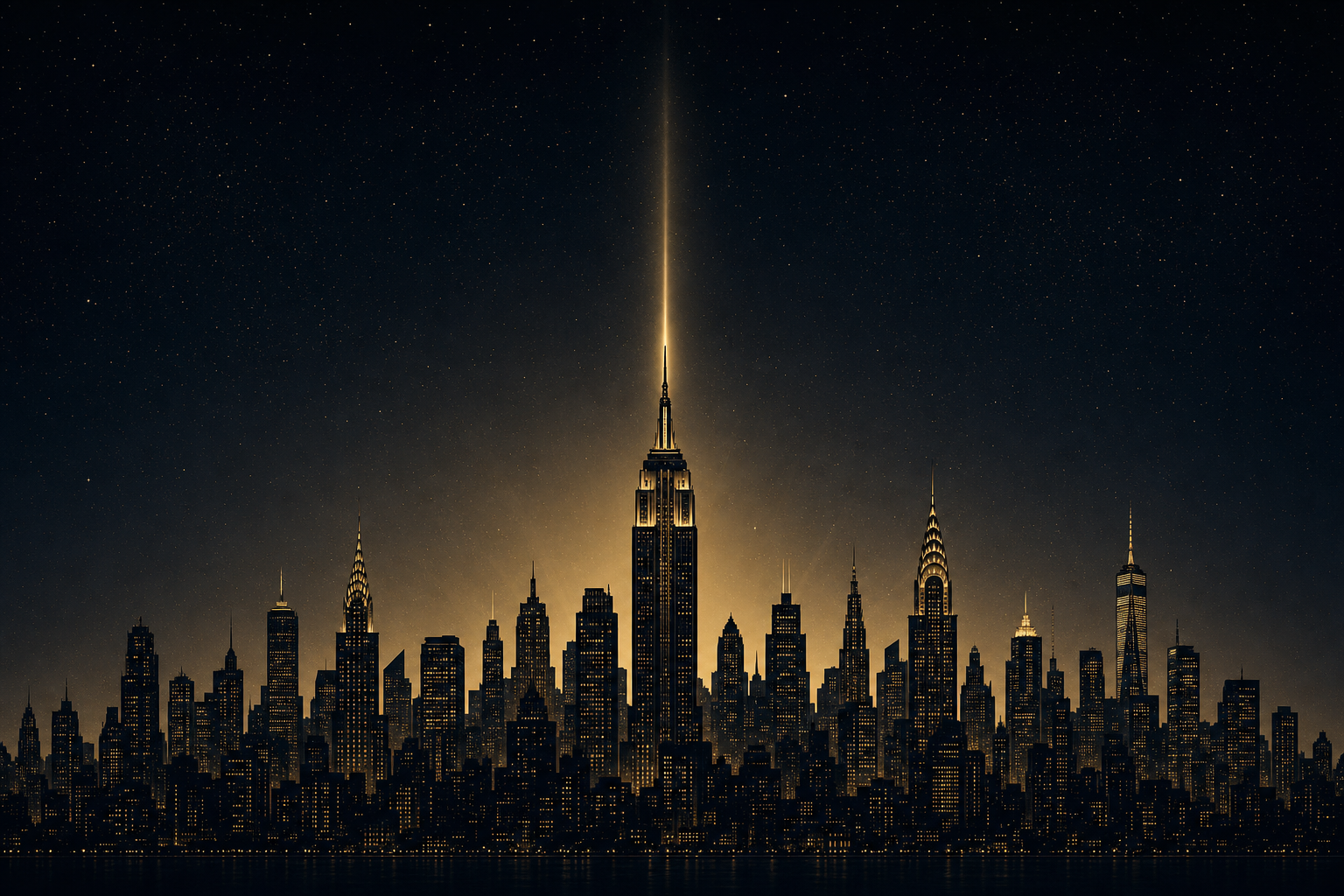 A golden city skyline glowing beneath a starlit night sky